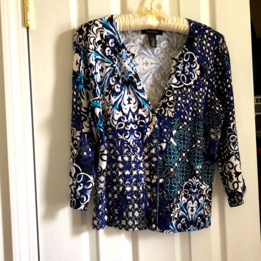 Perky Goth Blue Black‎ White Swirl Snap Sweater S EUC